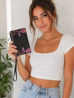 a new day Black Wristlet Clutch with Pink Floral Accents